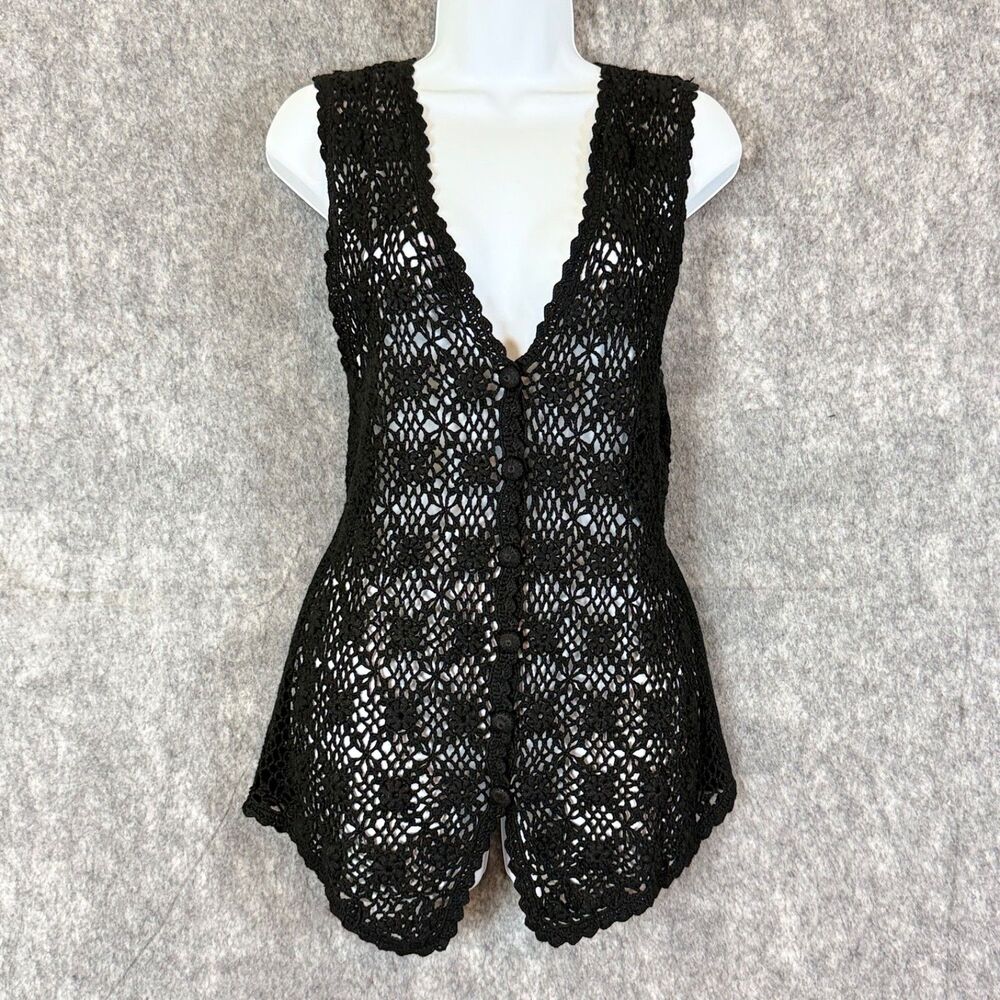 Vtg Black Crochet Button Vest V Neck Sleeveless Boho by M.Y. Sportswear Sz M